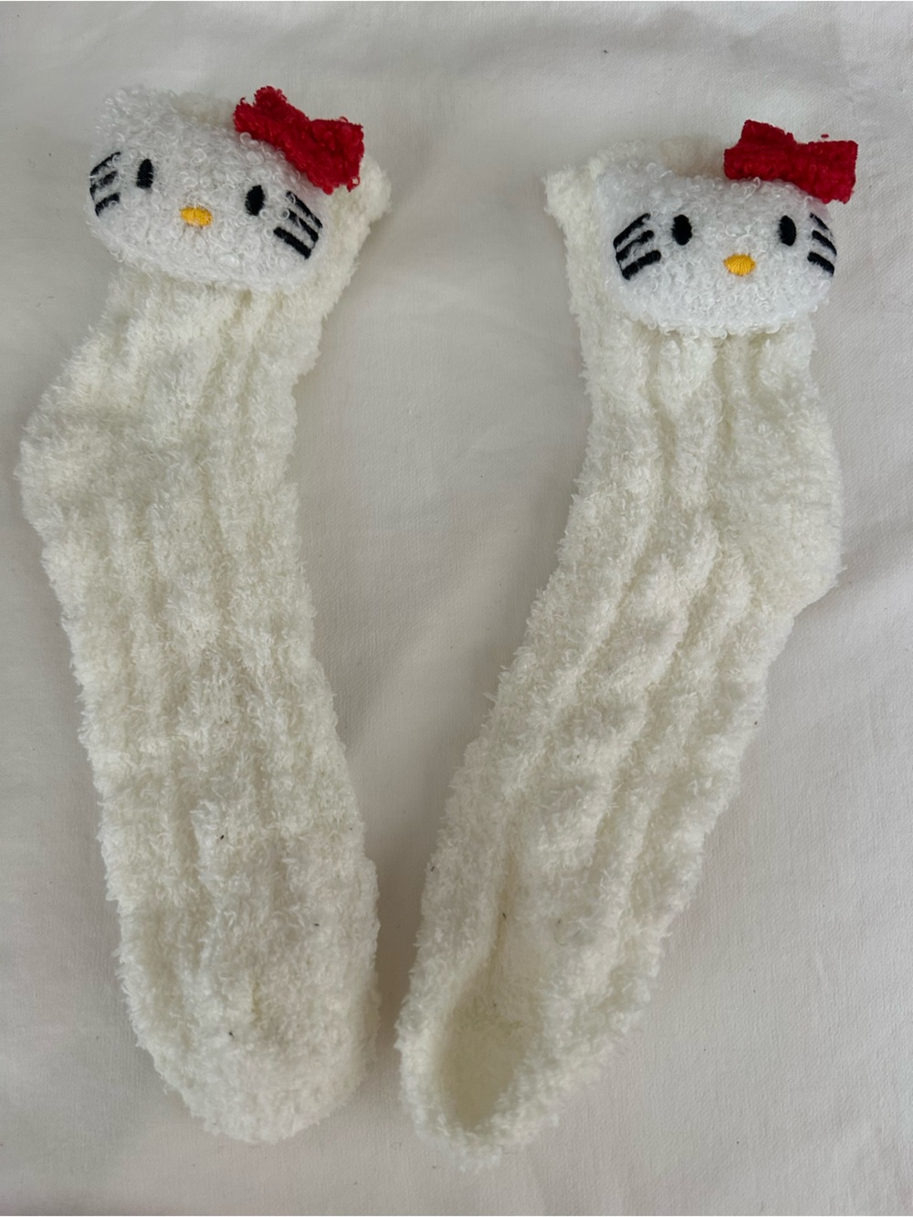 White Plush Kids socks with Cute Character and Red Bow